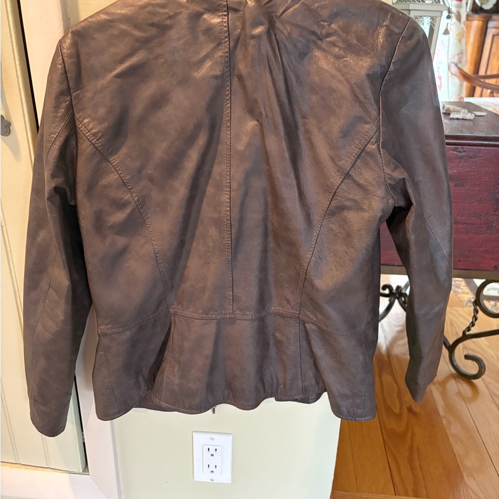 Boston Proper Dark Brown Leather Jacket. Ruffle - Picture 5 of 10